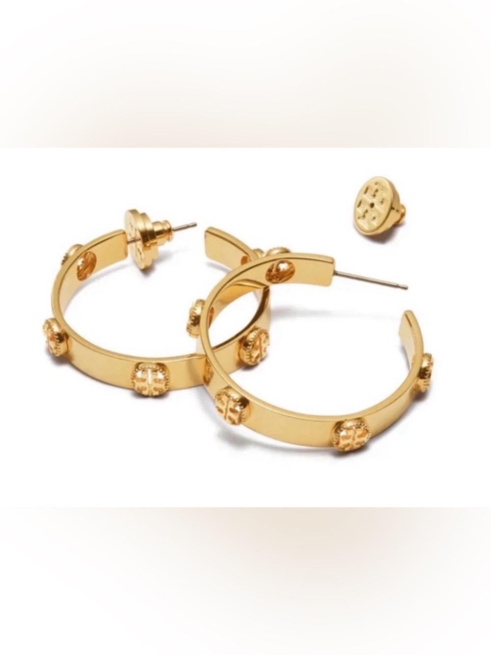 NWT [Tory Burch] Milgrain Gold Logo 3D Medium-Sized Designer Hoop Earrings - Picture 3 of 9
